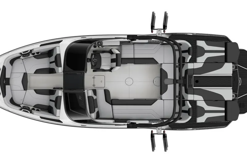 Slide: The Image of Top view of 2026 MasterCraft XT22 boat interior, showcasing sleek seating and modern design. - 1
