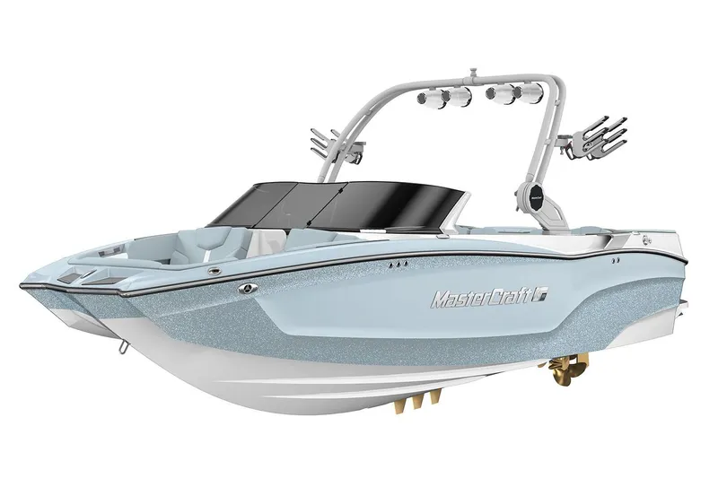 Slide: The Image of Manufacturer Provided Image: 2026 MasterCraft XT22 boat, sleek design, light blue color, equipped with wakeboard tower. - 2