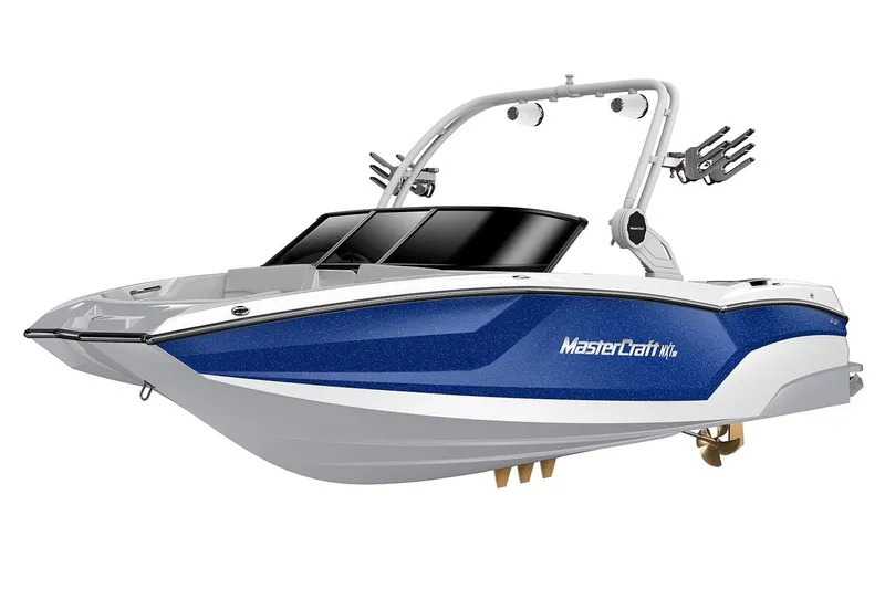 Slide: The Image of Manufacturer Provided Image: 2026 MasterCraft NXT22 boat, sleek blue and white design, modern wakeboard tower. - 6