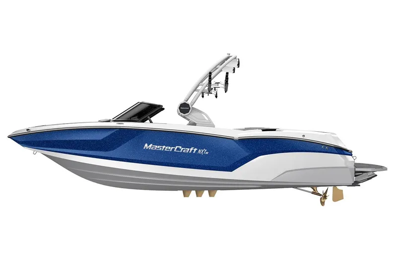 Slide: The Image of Manufacturer Provided Image: 2026 MasterCraft NXT22 boat, blue and white design, side view. - 7