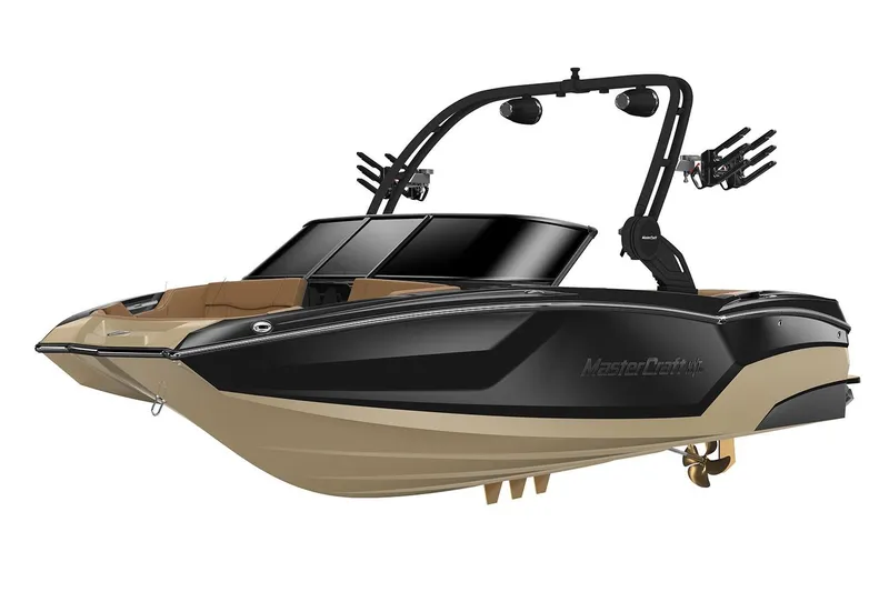 Slide: The Image of Manufacturer Provided Image: 2026 MasterCraft NXT20 boat, sleek black and tan design, with wakeboard tower. - 7