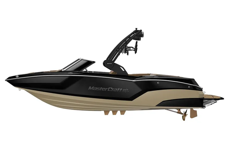 Slide: The Image of Manufacturer Provided Image: 2026 MasterCraft NXT20 boat, sleek black and beige design, side view. - 8