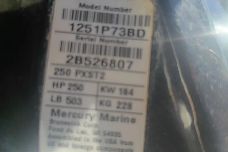 Slide: The Image of Label on Mercury Marine engine, model 250 PXST2, 250 HP, 503 LB, 2048 Nitro Z21 Pro. - 12