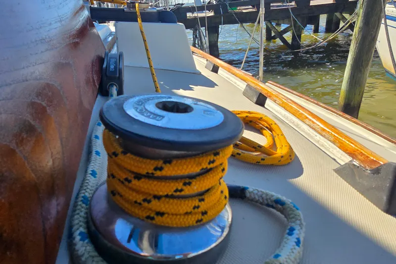 Slide: The Image of Close-up of 1985 O'Day 31 sailboat deck with winch and ropes. - 37