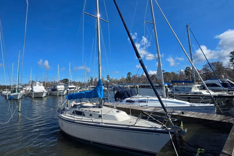 Slide: The Image of 1985 O'Day 31 sailboat docked at a marina under a clear blue sky. - 39