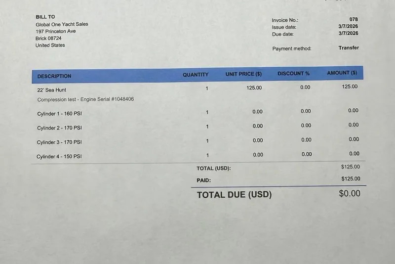 Slide: The Image of Invoice for 2007 Sea Hunt Triton 220 compression test, total due $0.00. - 9