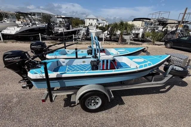 The Image of 2019 American Marine H:Skiff H13 boat on trailer, featuring blue and white design. - 1