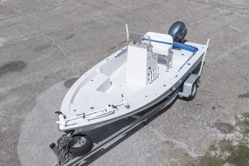 Slide: The Image of 2007 Pathfinder 2000 V boat on trailer, aerial view, white hull, outboard motor. - 6