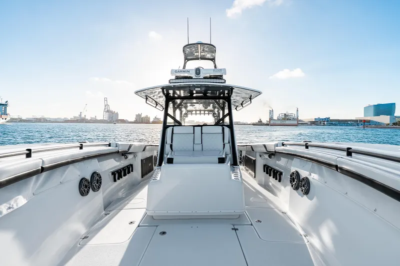 Slide: The Image of 2023 Yellowfin 42 Offshore boat on water, showcasing sleek design and advanced features. - 28