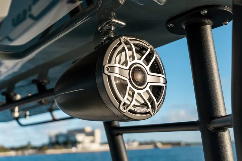 Slide: The Image of Close-up of a JL Audio speaker on a 2023 Yellowfin 42 Offshore boat. - 57