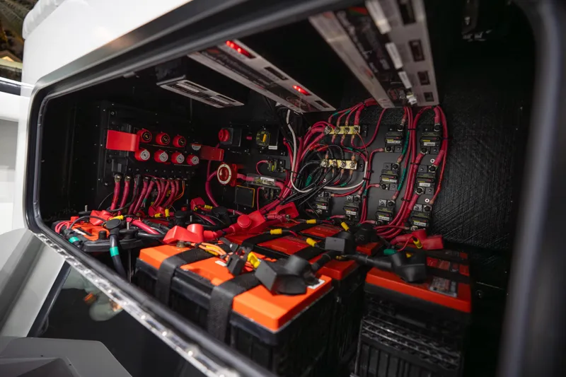 Slide: The Image of Electrical system of 2023 Yellowfin 42 Offshore boat, showcasing batteries and wiring. - 61