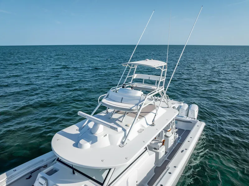 Slide: The Image of 2023 Yellowfin 54 boat on open water, aerial view. - 20