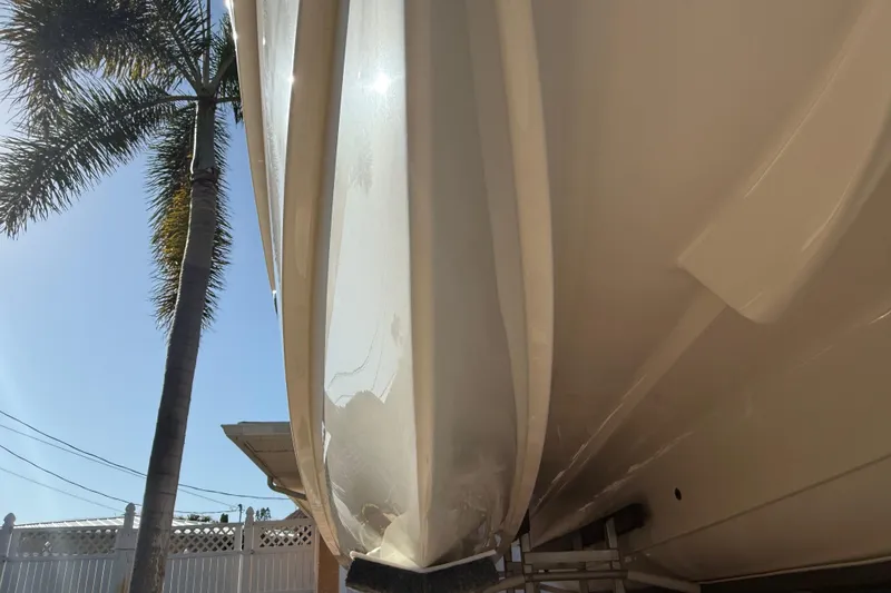Slide: The Image of 2014 Carolina Cat 23DC boat hull with palm tree and clear sky background. - 15