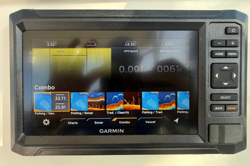 Slide: The Image of Garmin marine GPS display on 2014 Carolina Cat 23DC, showing fishing and navigation data. - 38