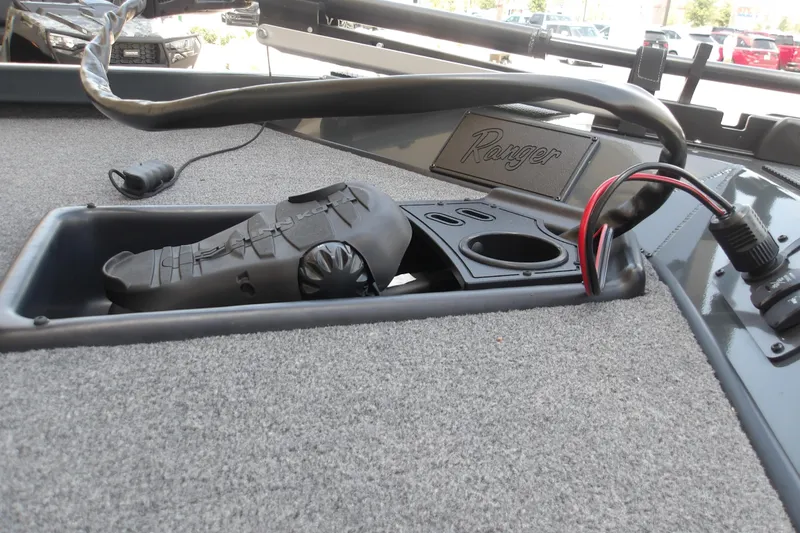 Slide: The Image of 2026 Ranger RT178 boat deck with pedal controls and cup holders. - 9