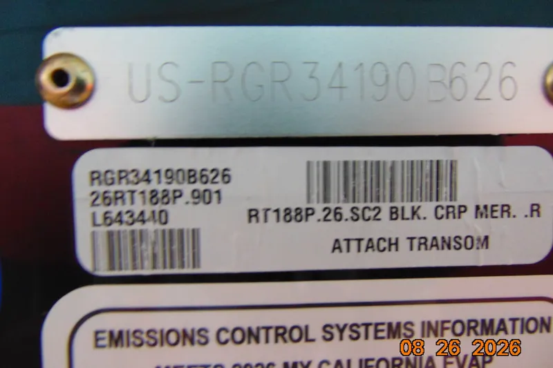 Slide: The Image of 2026 Ranger RT188P boat identification and emissions control label. - 2