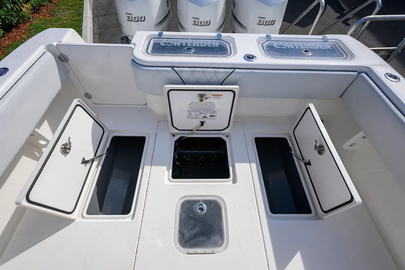 Slide: The Image of 2019 Contender 35 ST boat deck with storage compartments and Yamaha engines. - 33