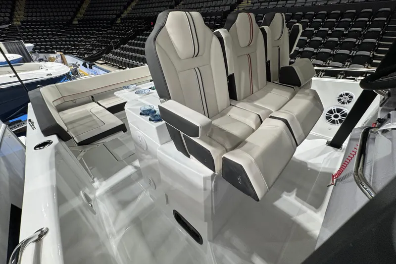 Slide: The Image of 2026 Jeanneau Leader 10.5 CC boat interior with luxurious seating and modern design. - 27