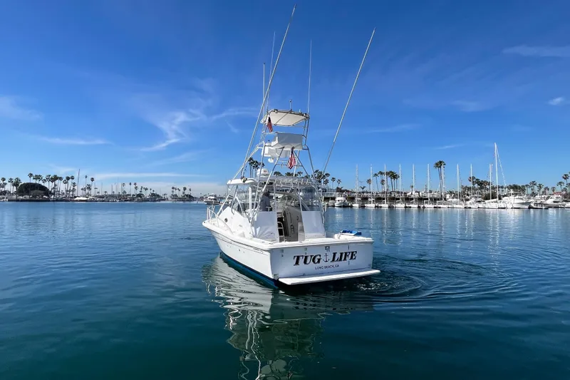 Slide: The Image of 1998 Phoenix 32 Tournament boat named "Tug Life" in a marina with clear skies. - 3