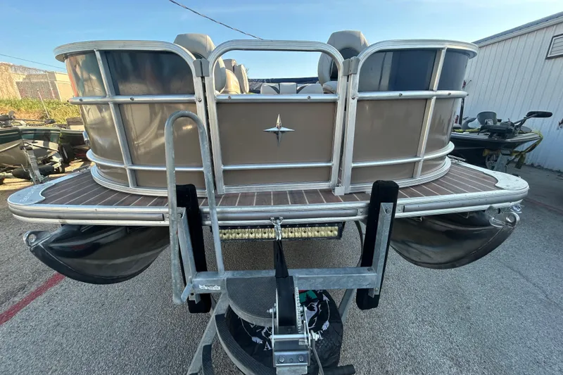 Slide: The Image of 2016 Berkshire STS Salt Edition pontoon boat on trailer, rear view. - 13