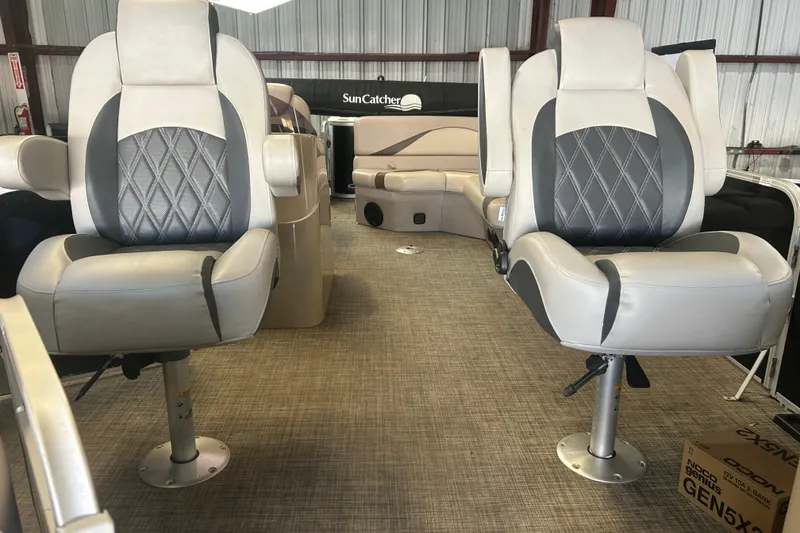 Slide: The Image of 2018 SunCatcher V20 Fish boat interior with plush seating and modern design. - 12