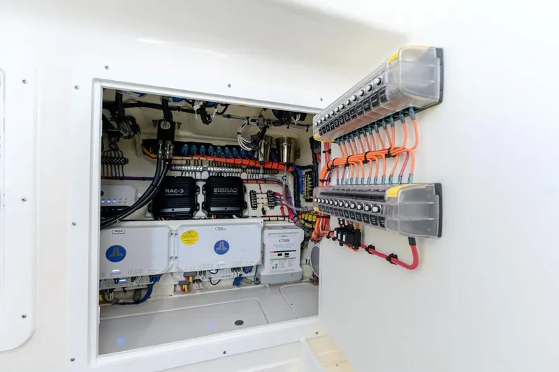 Slide: The Image of Electrical system of 2024 SeaVee 370Z boat, showcasing wiring and components. - 17
