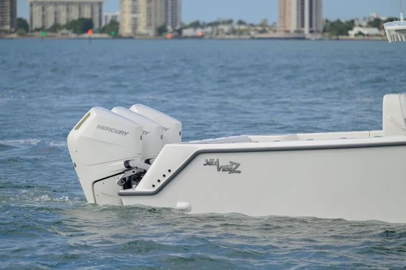 Slide: The Image of 2024 SeaVee 370Z boat with Mercury engines on the water. - 4