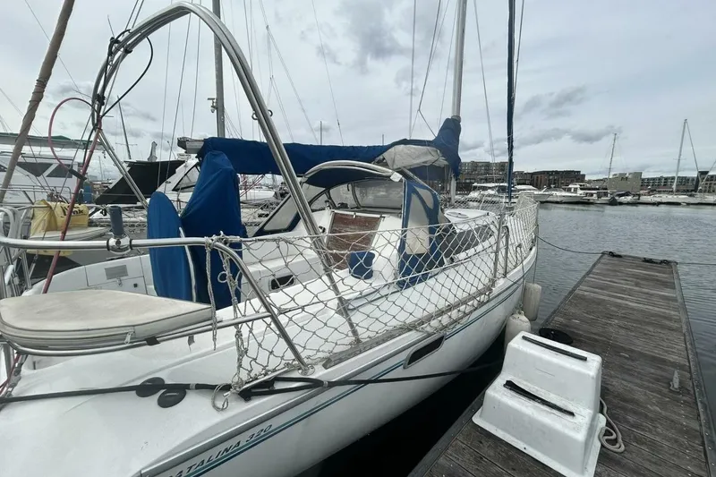 Slide: The Image of Sailboat Catalina 320, 1995 model, docked at marina with protective netting. - 40