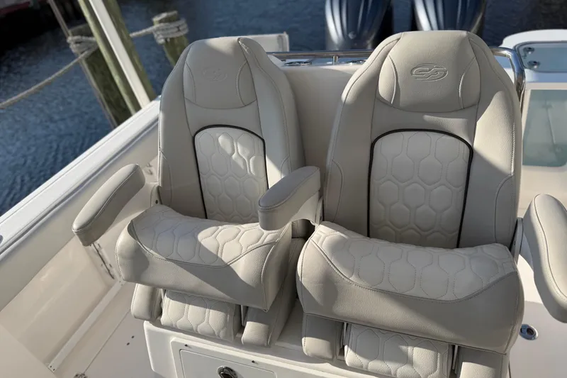 Slide: The Image of Luxurious seating on 2022 Sea Fox 288 Commander boat, featuring plush, ergonomic design. - 48
