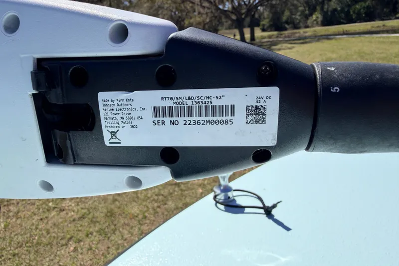 Slide: The Image of Close-up of Minn Kota trolling motor label on 2023 East Cape 18 EVO X boat. - 33
