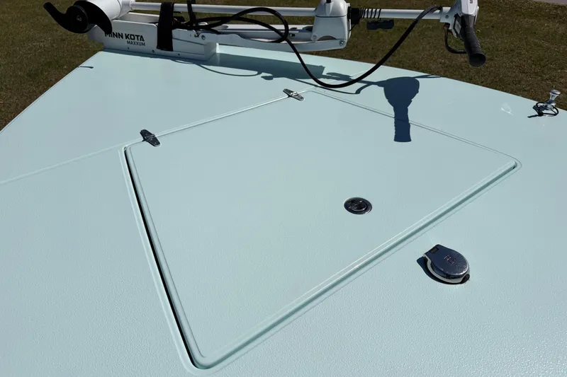 Slide: The Image of 2023 East Cape 18 EVO X boat deck with Minn Kota trolling motor. - 37