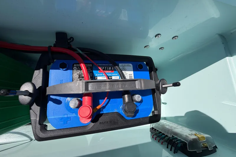 Slide: The Image of Battery compartment of 2023 East Cape 18 EVO X with Optima BlueTop battery. - 63