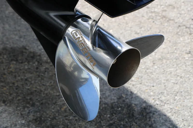Slide: The Image of Close-up of Mercury Enertia propeller on 2014 Regency Party Barge 254 XP3. - 18