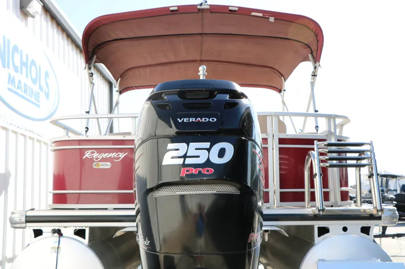 Slide: The Image of 2014 Regency Party Barge 254 XP3 with Verado 250 Pro engine at Nichols Marine. - 8