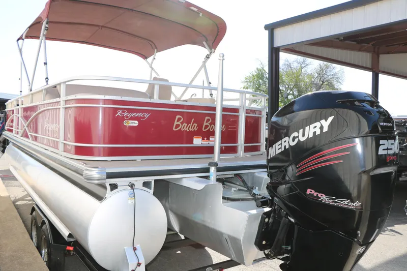 Slide: The Image of 2014 Regency Party Barge 254 XP3 with Mercury 250 Pro motor, red exterior. - 9