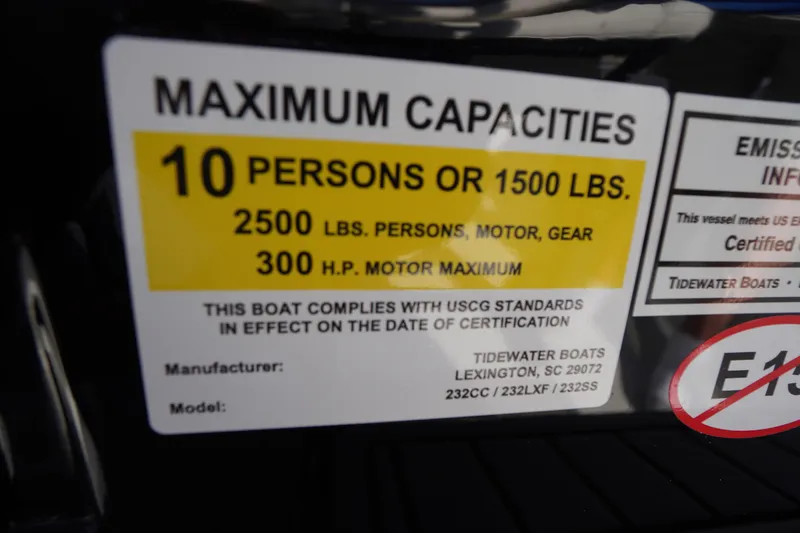 Slide: The Image of Maximum capacity label for 2026 Tidewater 232 CC Adventure boat, 10 persons or 1500 lbs. - 34