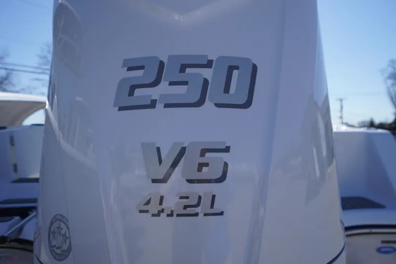 Slide: The Image of Close-up of 250 V6 4.2L engine on 2026 Tidewater 232 CC Adventure boat. - 59