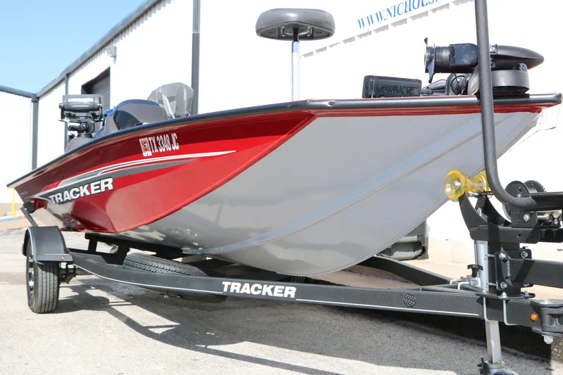 Slide: The Image of 2020 Tracker Pro Team 175 TXW Tournament Edition boat on trailer, red and gray design. - 4
