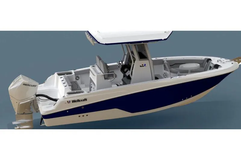 Slide: The Image of Manufacturer Provided Image: 2026 Wellcraft 243 Fisherman boat with Mercury engine, featuring sleek design and spacious deck. - 45