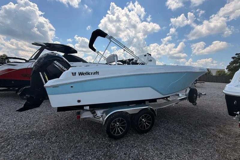 The Image of 2026 Wellcraft 202 Fisherman boat on trailer under a cloudy sky. - 0