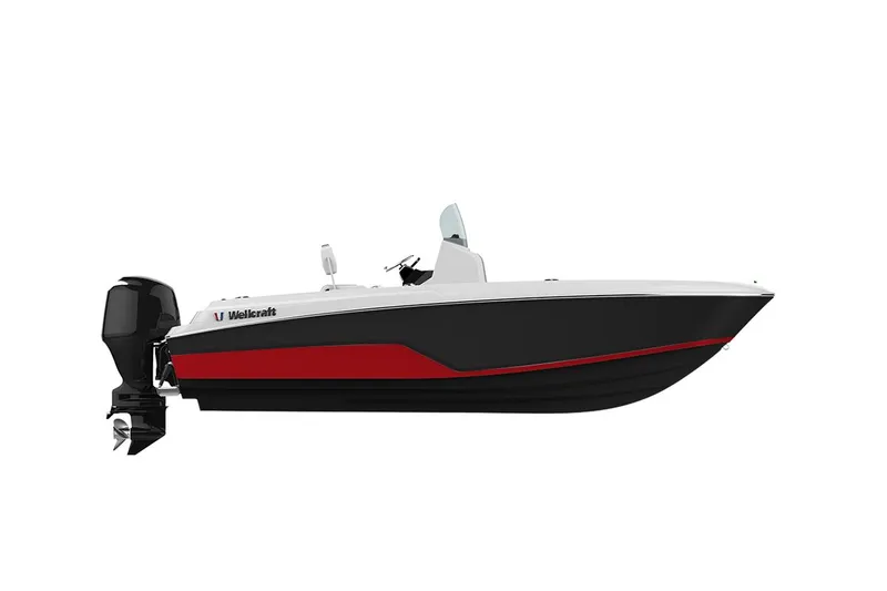 Slide: The Image of Manufacturer Provided Image: 2026 Wellcraft 202 Fisherman boat, sleek design, black and red hull, outboard motor. - 43