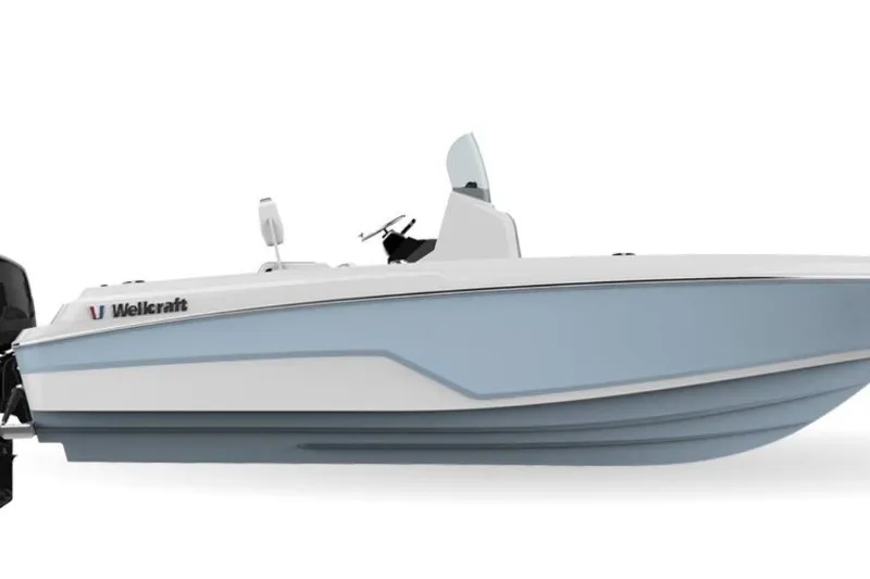 Slide: The Image of 2026 Wellcraft 202 Fisherman boat, side view, white and blue design. - 44