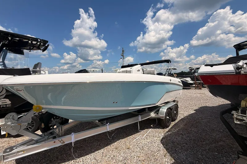 Slide: The Image of 2026 Wellcraft 202 Fisherman boat on trailer under a bright blue sky. - 5