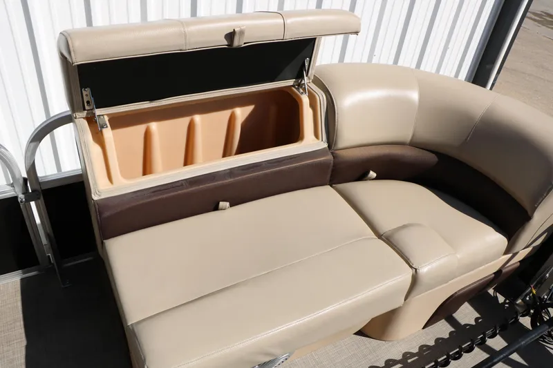 Slide: The Image of 2019 Sun Tracker SportFish 22 XP3 boat seat with open storage compartment. - 48