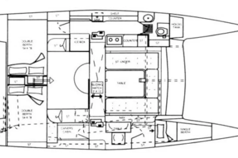 Slide: The Image of Floor plan of a 1996 PDQ 32 LRC catamaran, featuring cabins and living areas. - 39