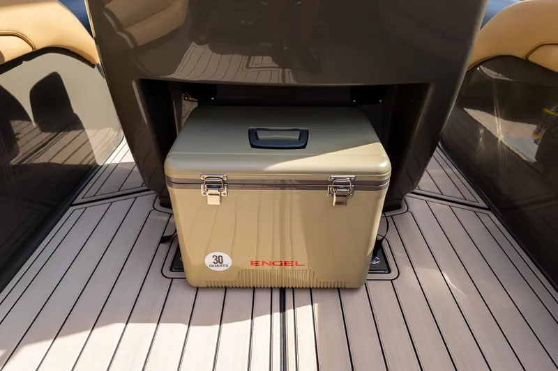 Slide: The Image of Engel cooler on Airship 310 boat deck, 2023 model, with teak flooring. - 26