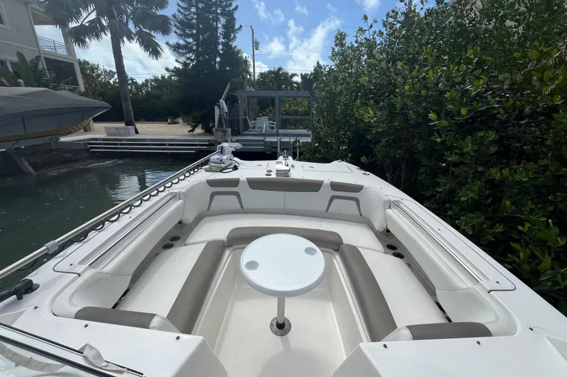 Slide: The Image of 2020 World Cat 296 DC boat with spacious seating and table, docked near lush greenery. - 11