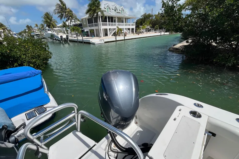 Slide: The Image of World Cat 296 DC boat docked in a scenic canal with palm trees and houses. - 21