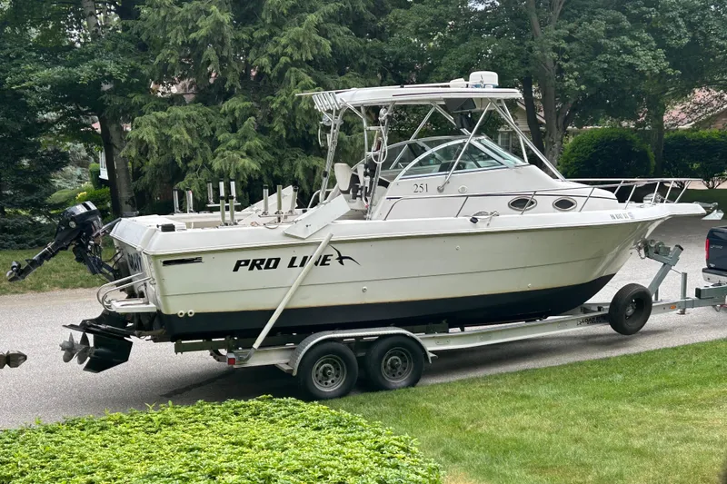 The Image of 1996 Pro-Line 251 Walkaround boat on trailer, parked outdoors near trees. - 1