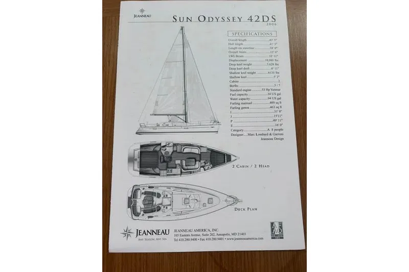 Slide: The Image of Brochure for 2007 Jeanneau Sun Odyssey 42 DS sailboat with specifications and deck plan. - 52